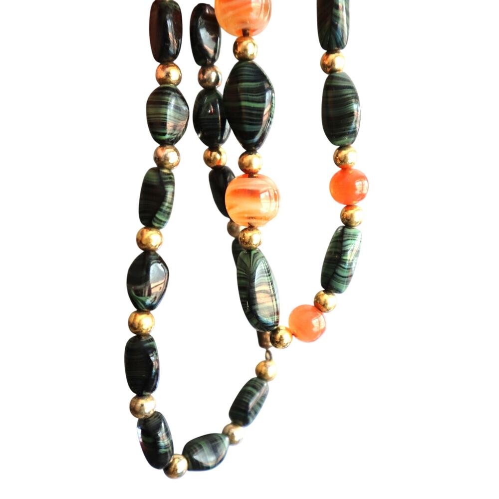 Vintage Venetian Murano Style Feather Necklace Beads Necklace Orange Green Long